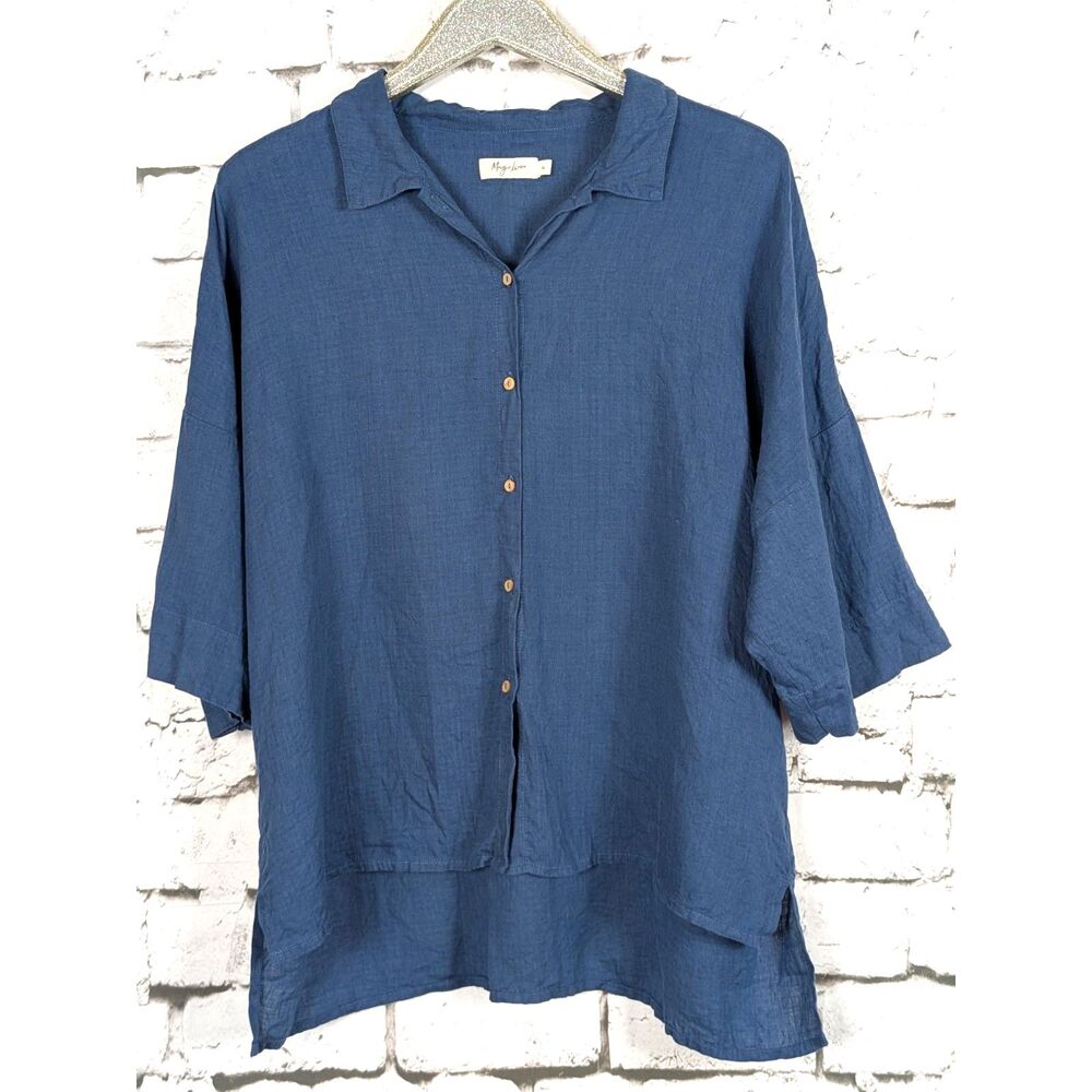 MAGIC LINEN Blue Lagenlook Breathable Earthy Button-Front Shirt Size XL